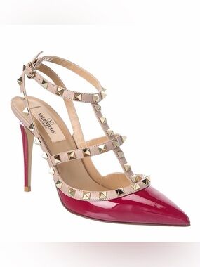 VALENTINO Red Patent Leather Pointed-Toe T-Strap Rock Stud Pumps Size 38.5 8.5